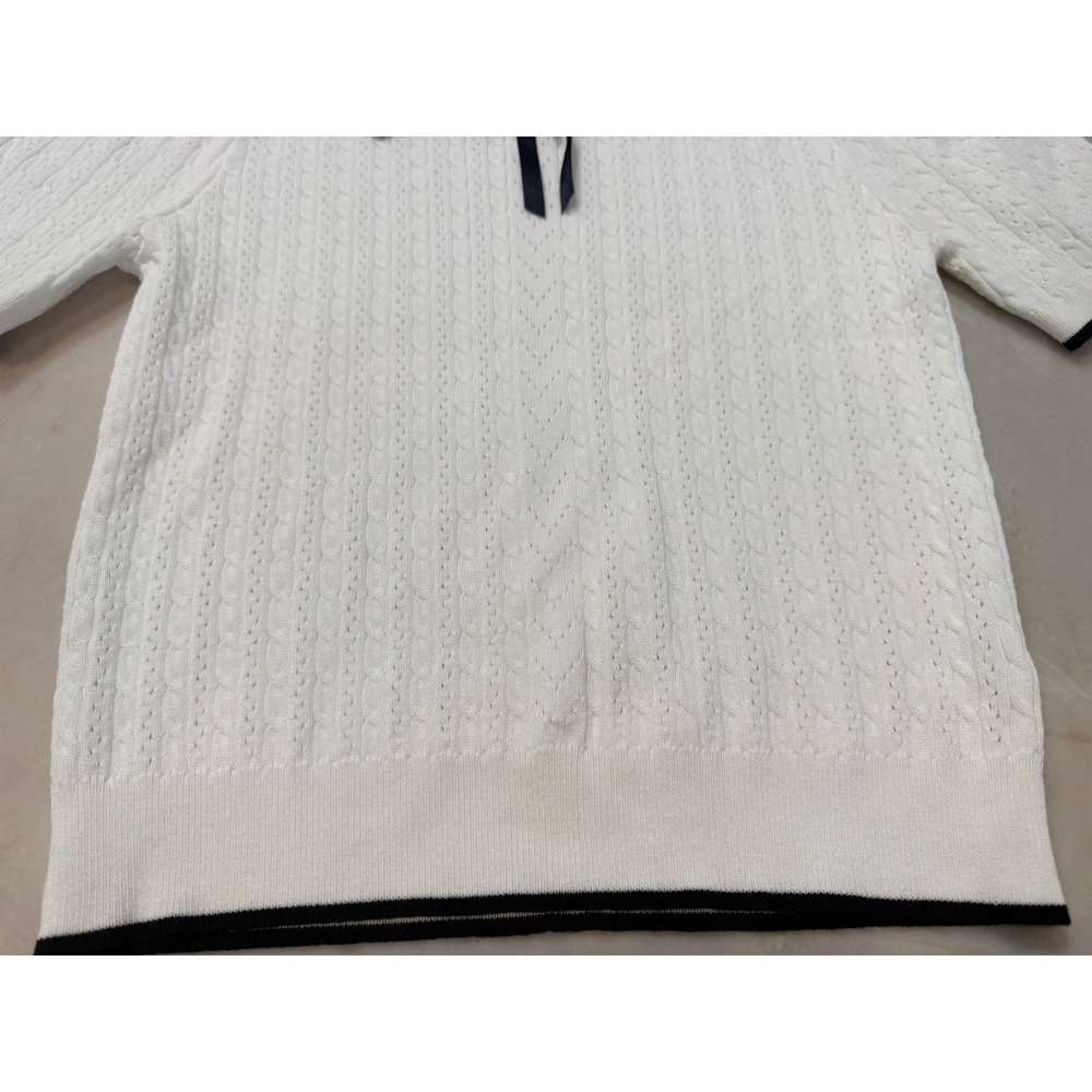 Pointelle White Cable Knit Puff Sleeve Sweater Black Collar Bow Sz Small Sm 170 - Picture 5 of 10